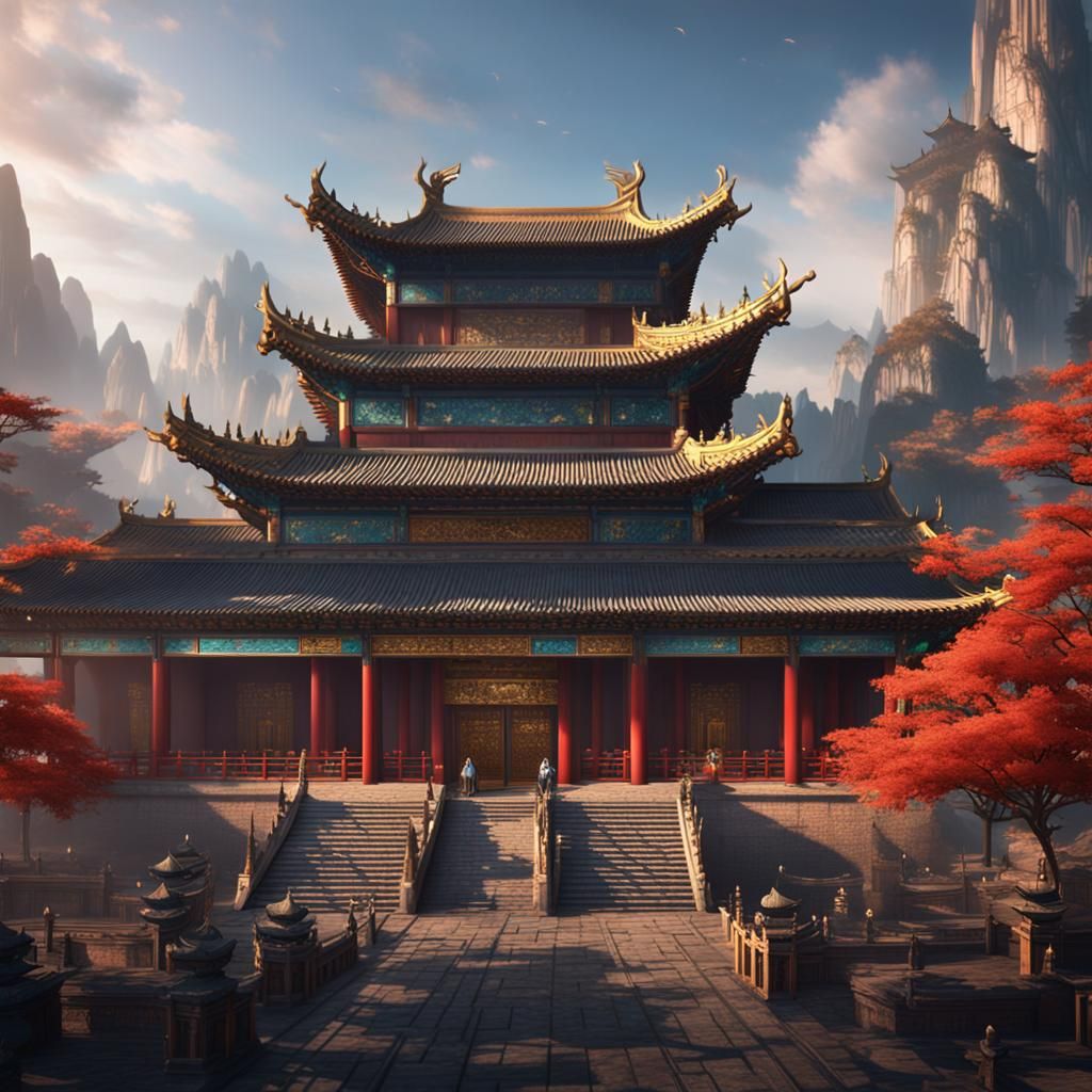 Chinese Temple in City, Detailed Matte Painting