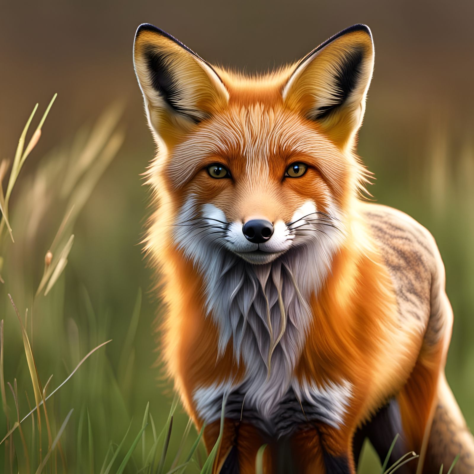 Red Fox Portrait in Grassy Field, Hyperrealistic
