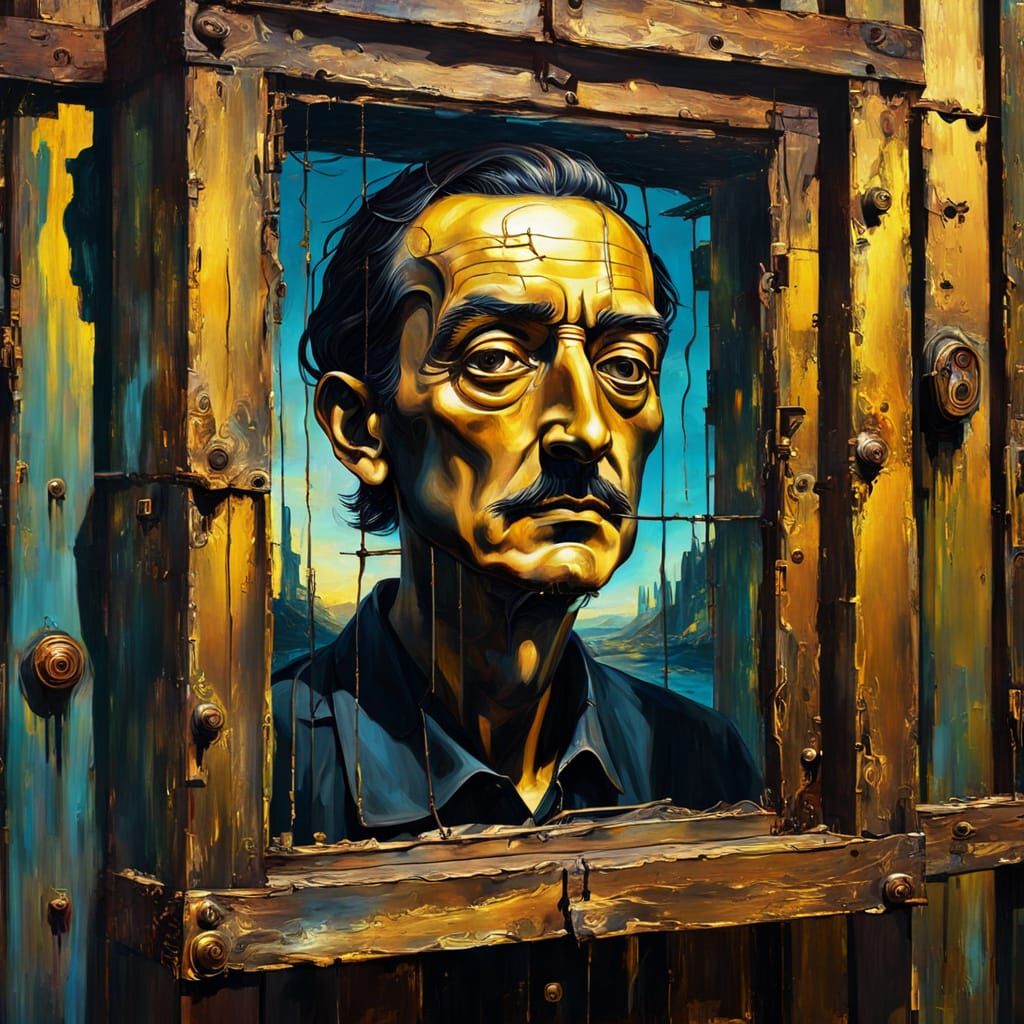 Surreal Enclosure: Vibrant Oil Painting with Metallic Reflec...