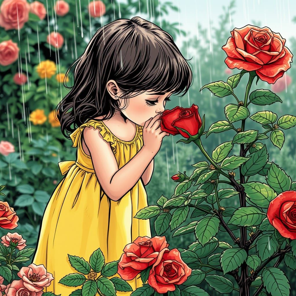 Girl Smelling Rose in Lush Garden, Comic Book Style