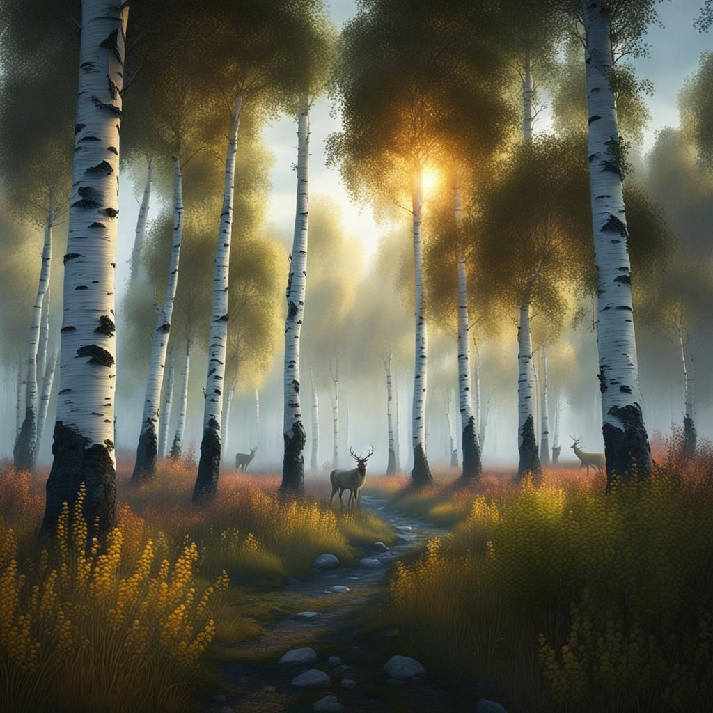 Greenland Birch Trees with Reindeer: Matte Painting