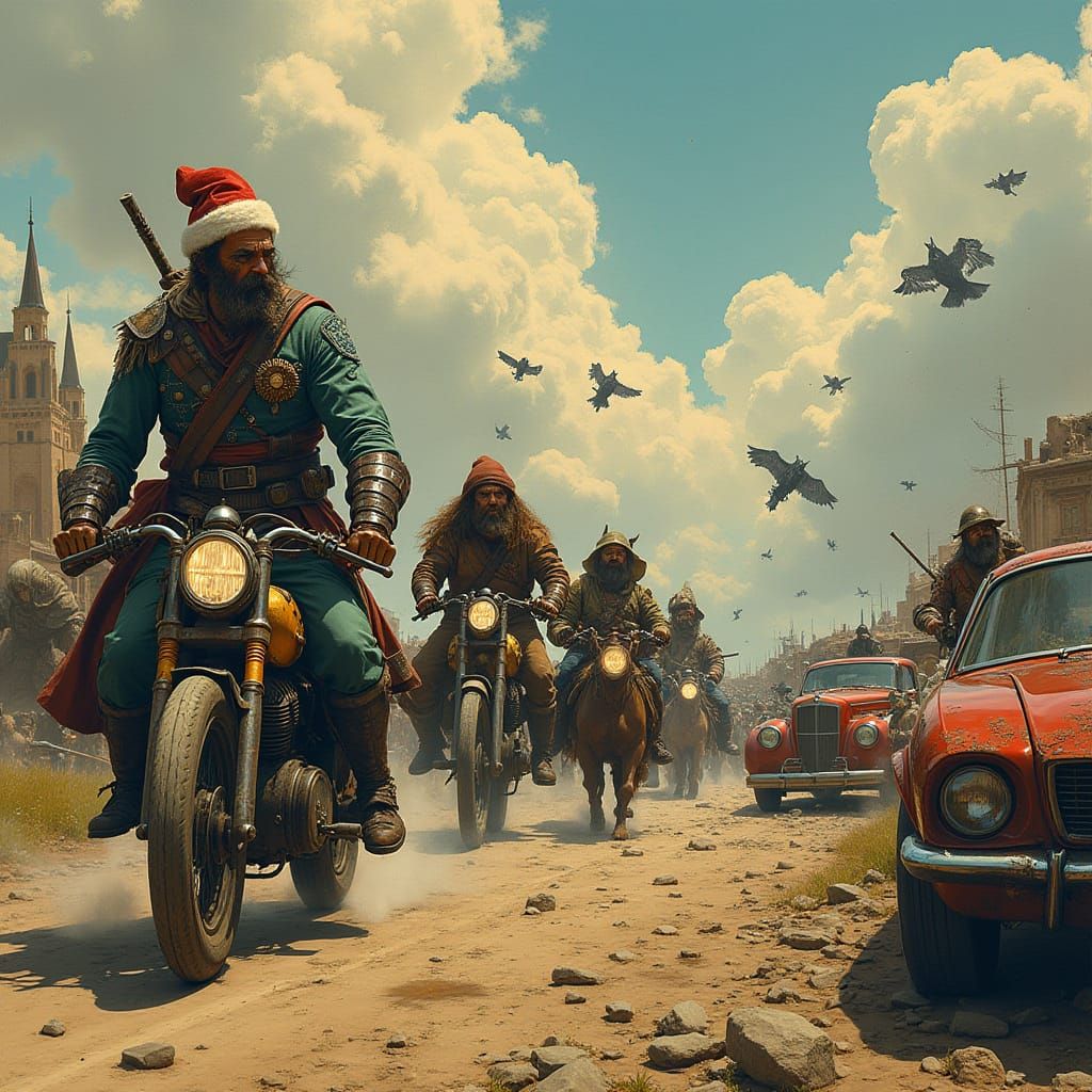 Epic Battle of Wizards and Warriors in Dystopian Landscape