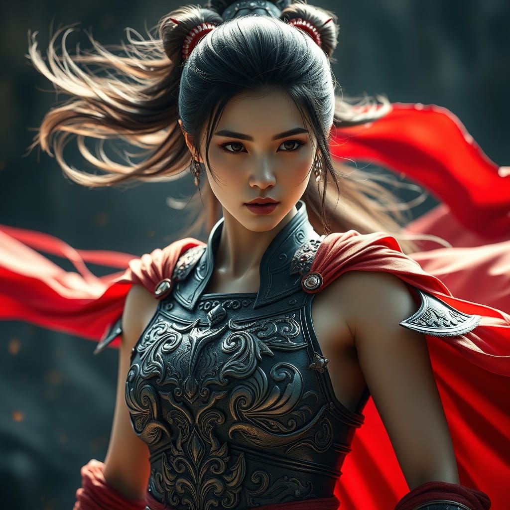 Regal Asian Warrior Queen in Epic Battle Ready Pose