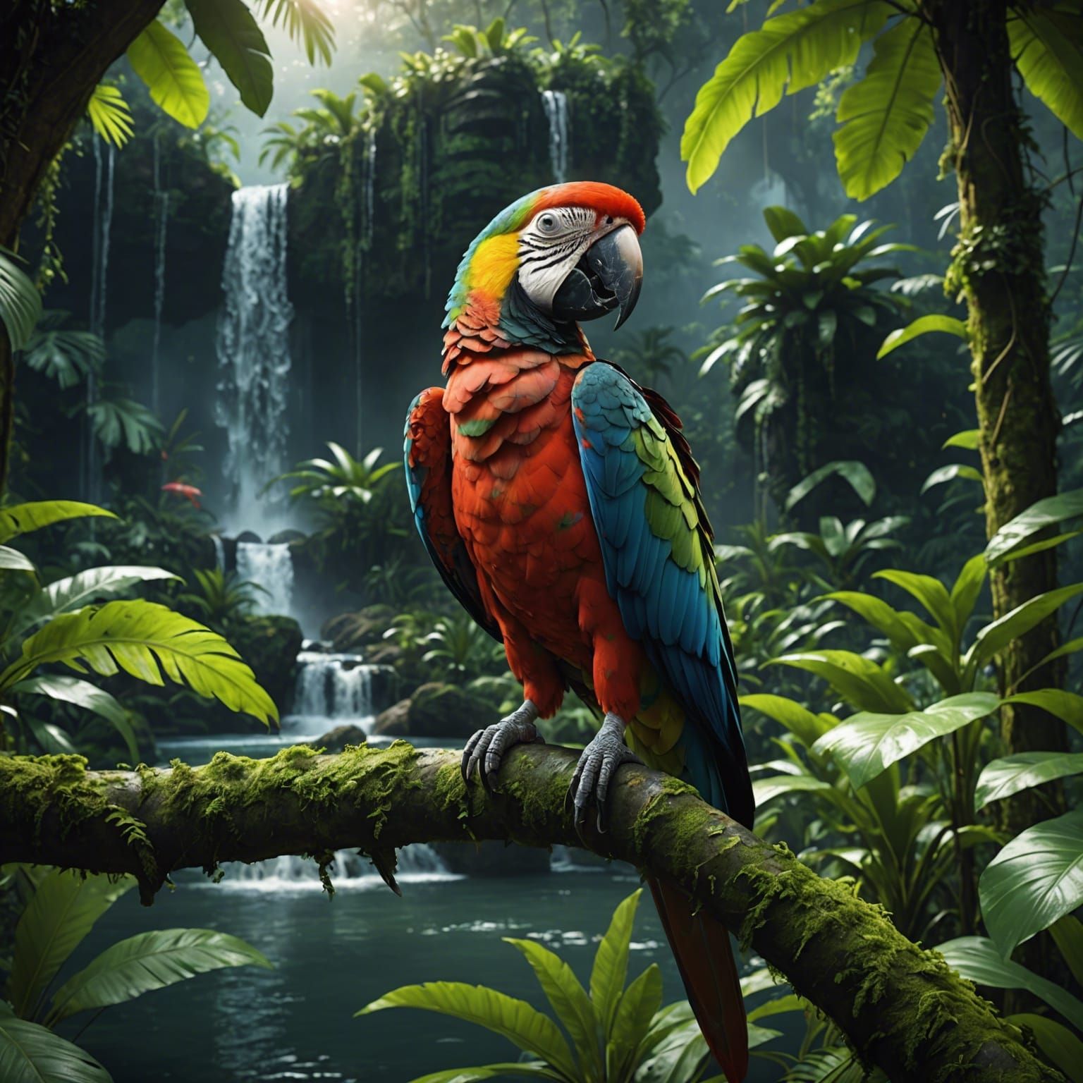 Photorealistic Parrot in Jungle River Scene