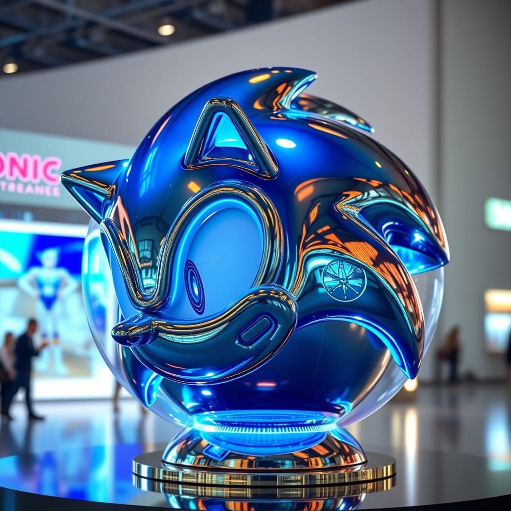 Futuristic Sonic Sculpture in Icy Blue Metallic with Neon Ac...