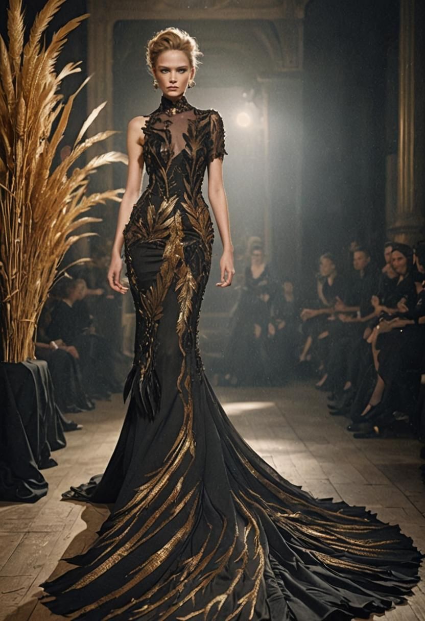 Black Haute Couture Gown with Golden Embroidery