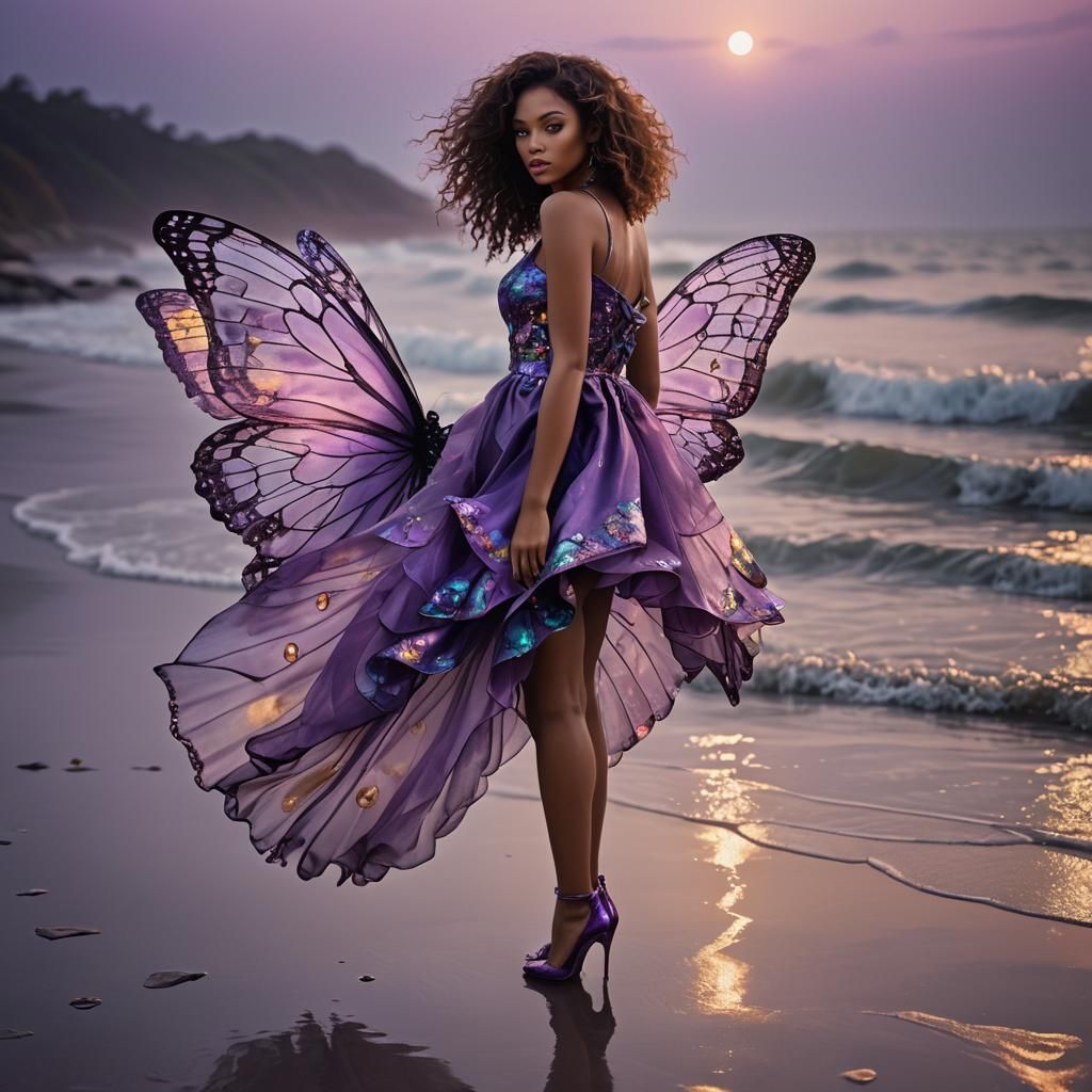 Butterfly Girl on Misty Shore: Fashion Photography