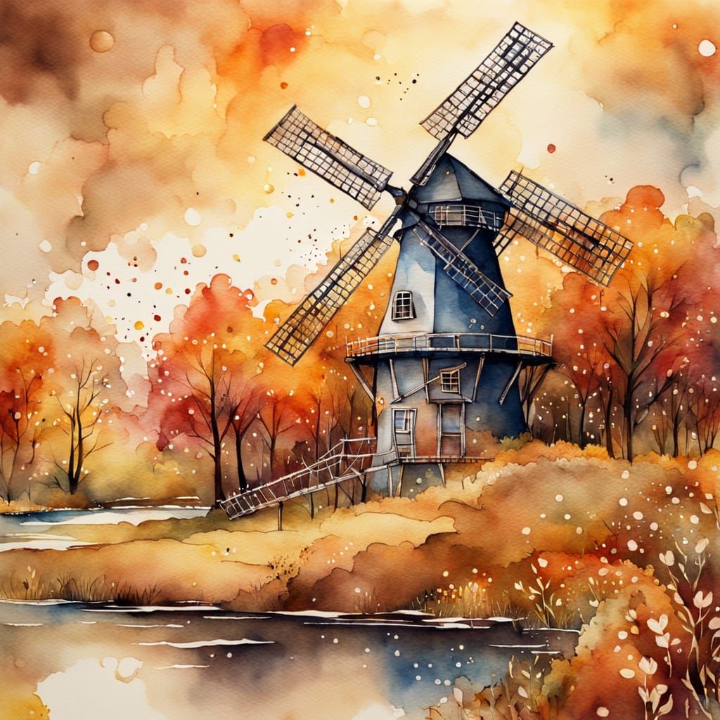 Autumn Windmill in Watercolor with Filigree Details