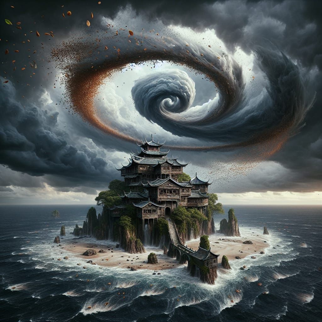 Dramatic Chinese House on Island in Storm