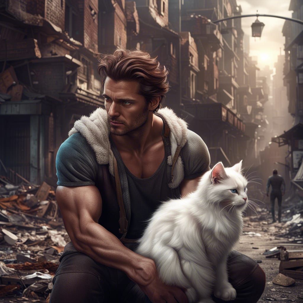 Man and Kitten in a Ruined Cityscape