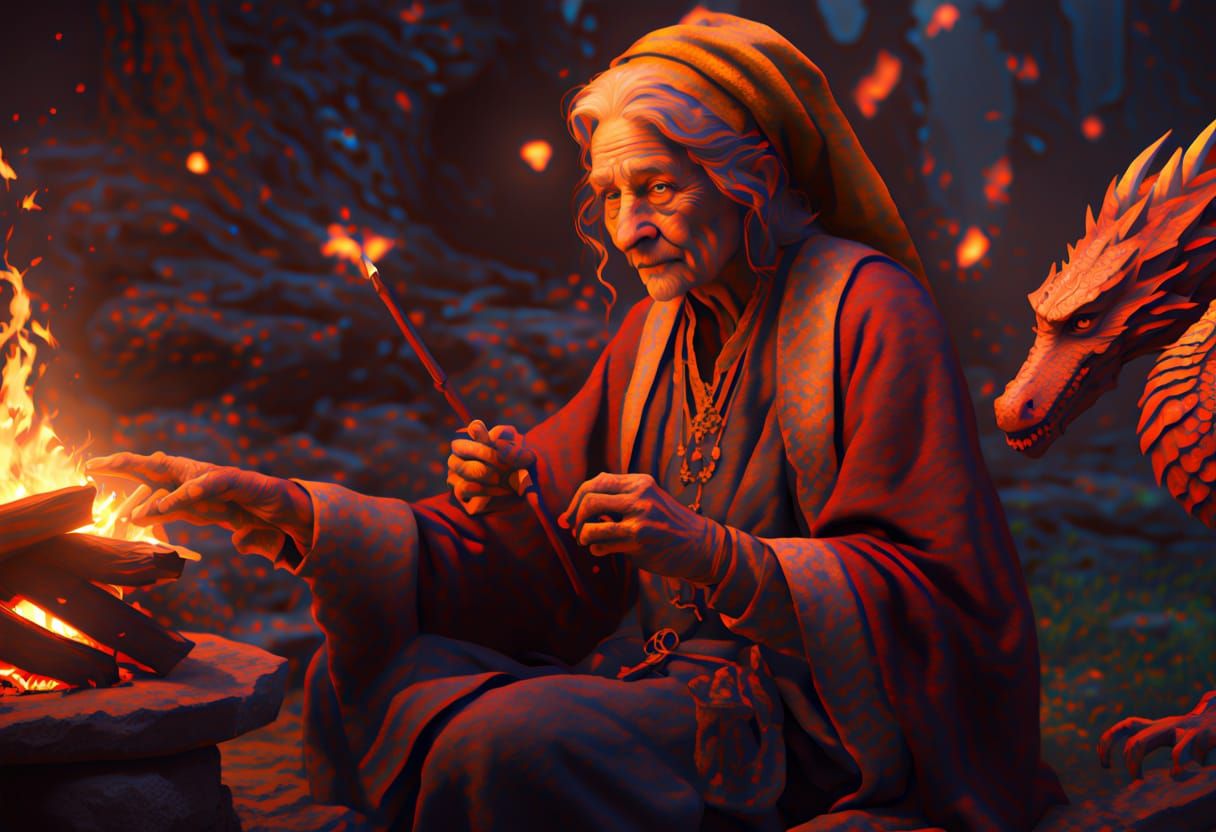 Witch and Dragons Around Campfire in Fantasy Art Style