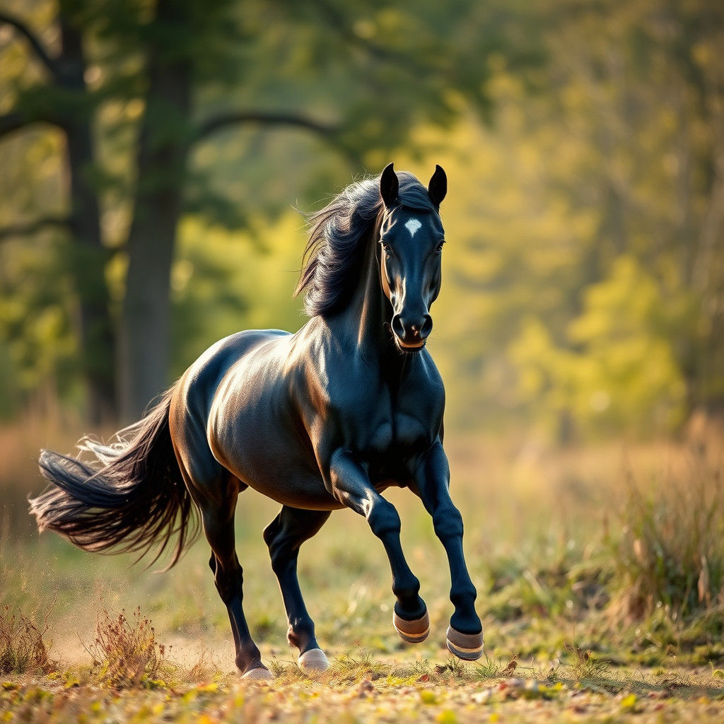 Majestic Black Friesian Horse Galloping Wild