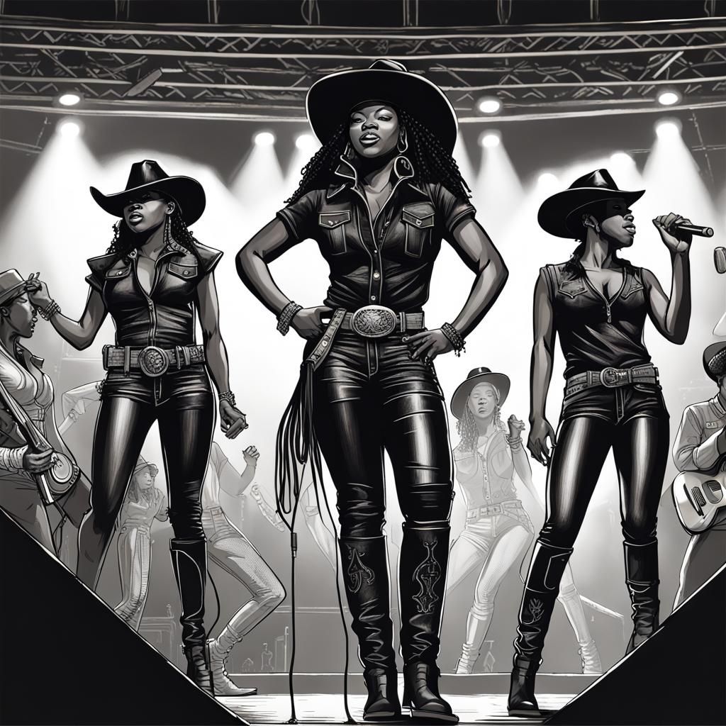 Black Woman Cowgirl Group in Charcoal Drawing