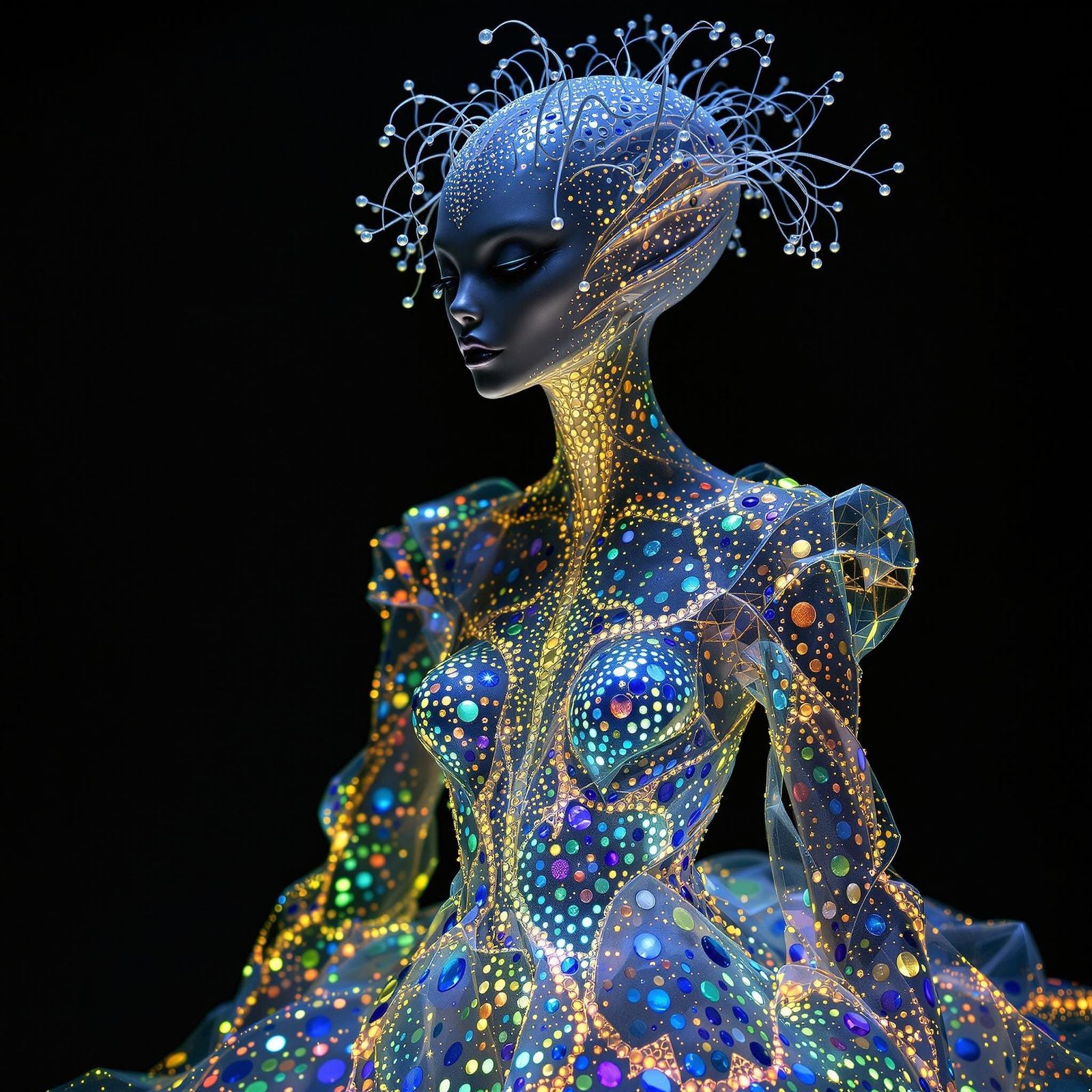 Regal Alien Woman in Iridescent Stained Glass Dress