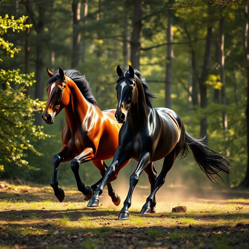 Majestic Horses Gallop Across Sunlit Forest in Photorealisti...