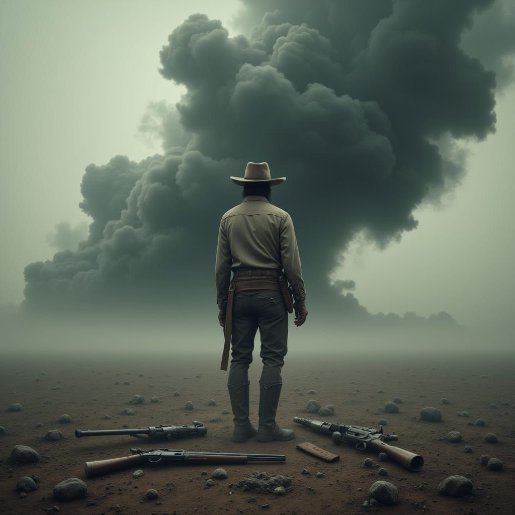 Lone Cowboy in Desolate Landscape, Hyperreal Digital Art