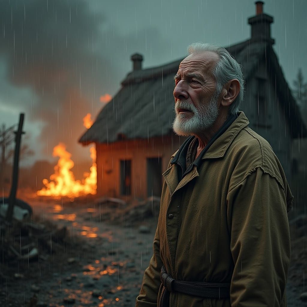 Elderly Man Weeps in Ruin, Flanked by Inferno