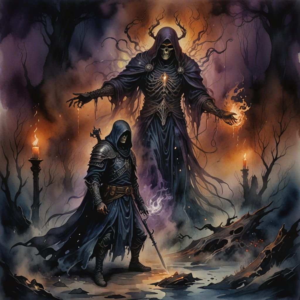 Necromancer Warrior Summons Ghost in Watercolor Style