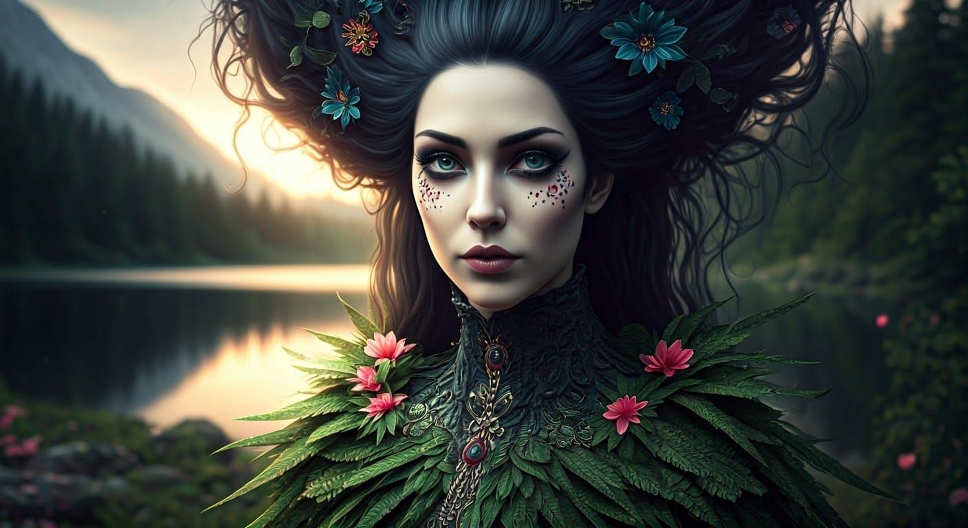Gothic Enchantress in Emerald Woodland, Hyperrealistic Rende...