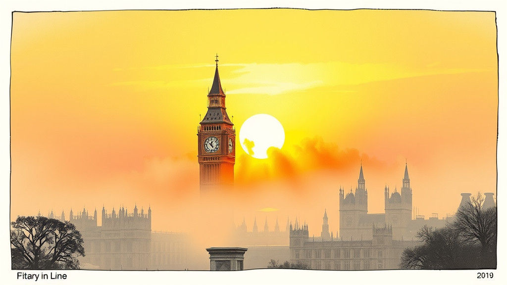 Big Ben Emerges from Fog: Ink Drawing