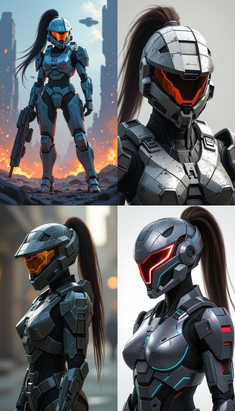 Feminine Mecha Warrior with Aggressive Visor and Ponytail