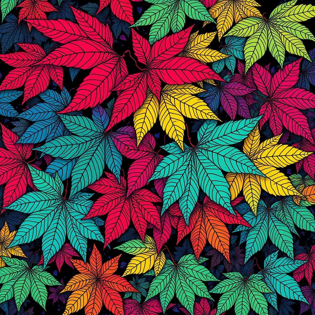 Vibrant, Intricate Maple Leaves in Modern European Ink Paint...