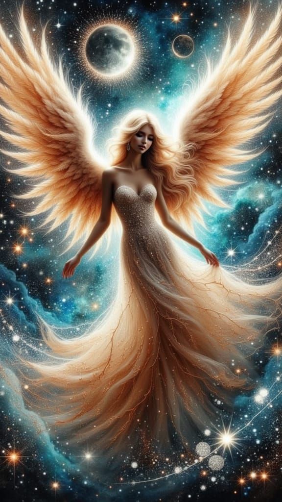 Majestic Angel Descends from Nebula in Painterly Style