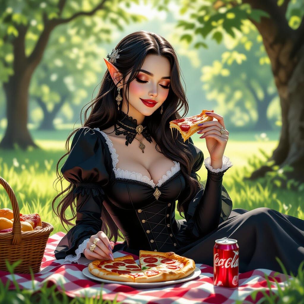Goth Elf Woman's Serene Park Picnic in Michelangelo Style