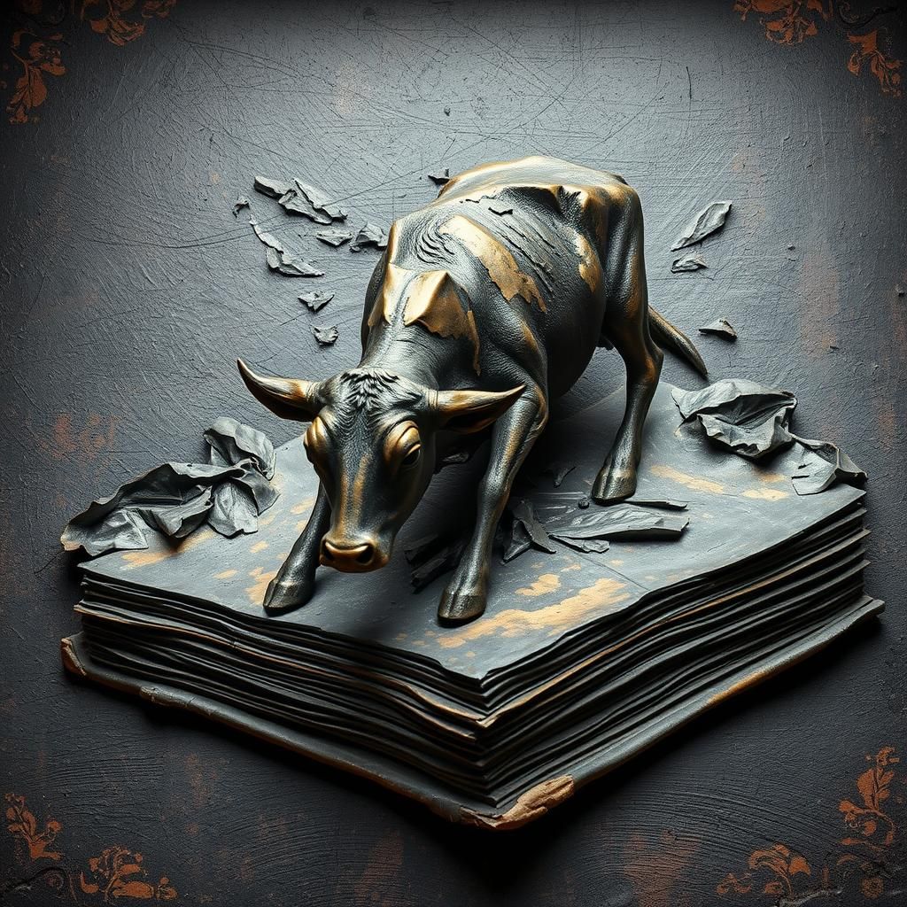 Bronze Cow Sculpture Crawling on Ancient Book