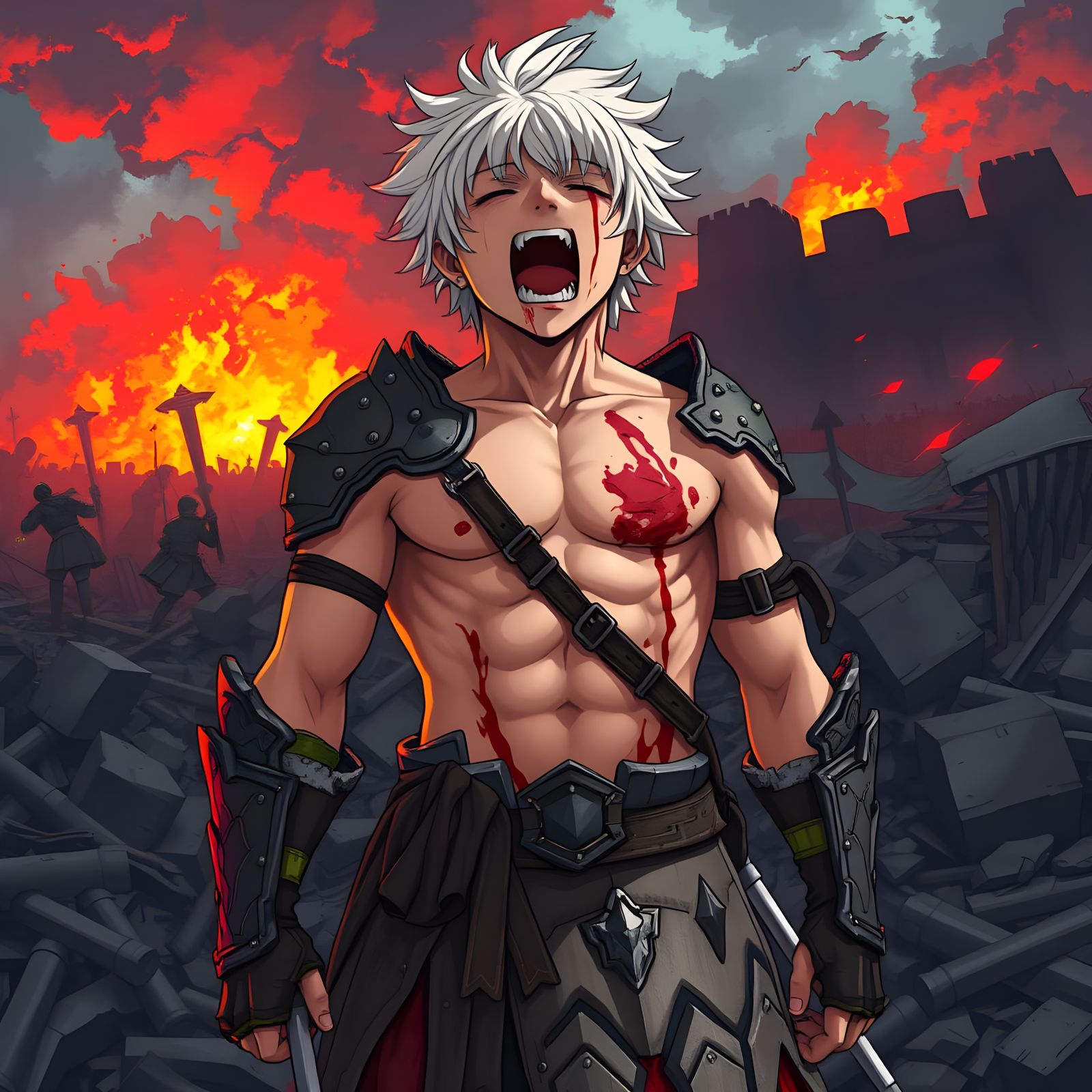 Anime Warrior Screams in Pain on Battlefield