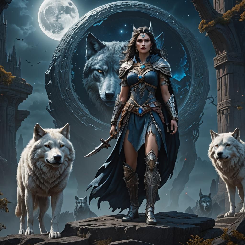 Selene, Moon Goddess Guarded by Wolf