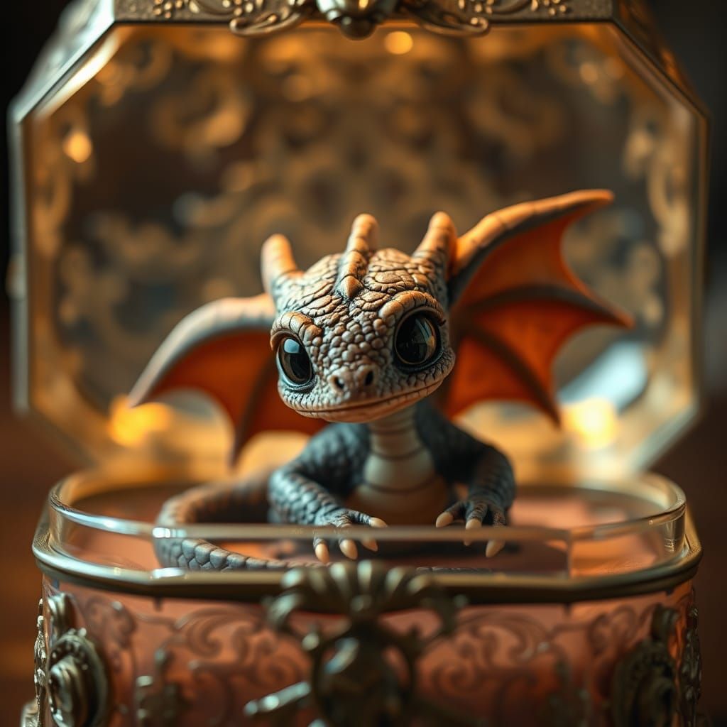 Adorable Baby Dragon in Antique Jewelry Box