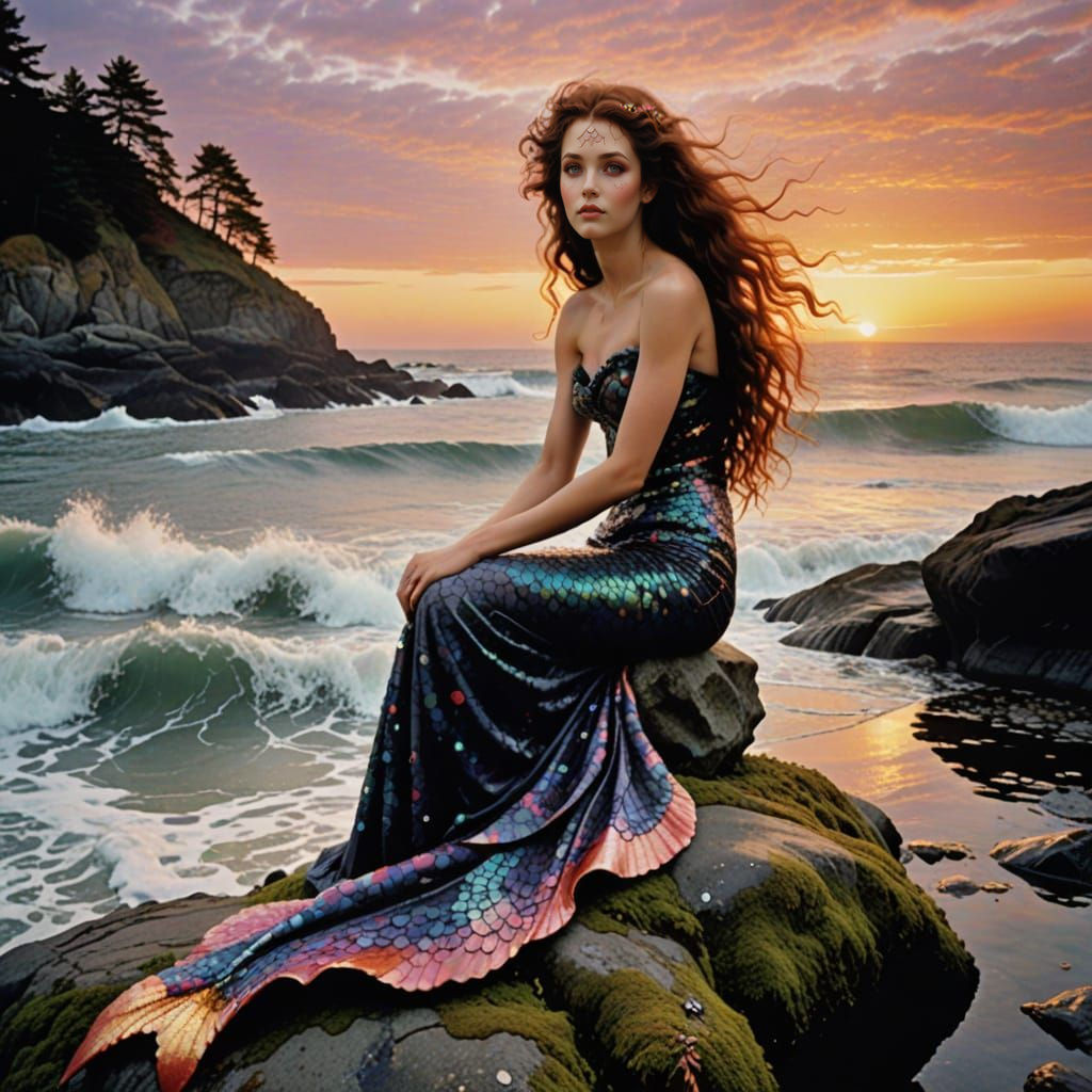 Surreal Watercolor Mermaid in Art Nouveau Style