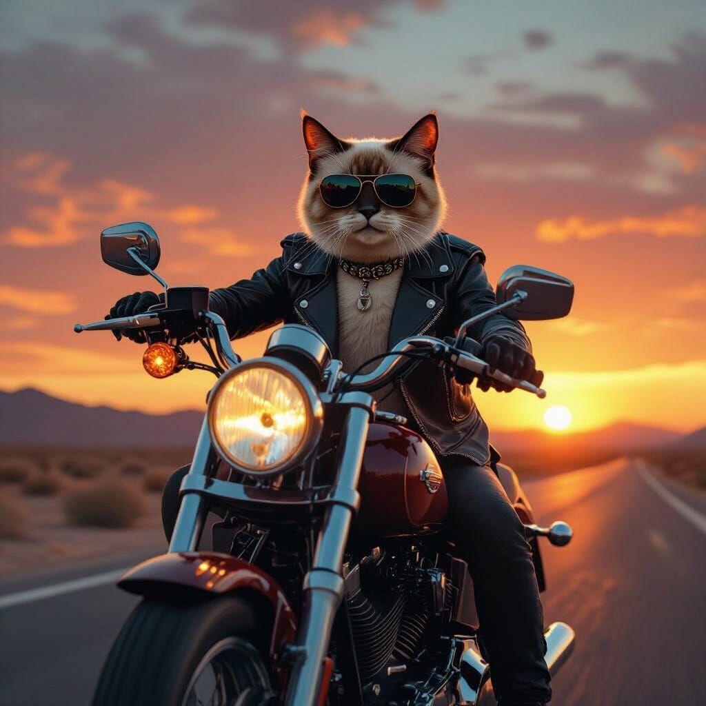 Gen X Cat Rides Motorcycle Through Fiery Desert Sunset