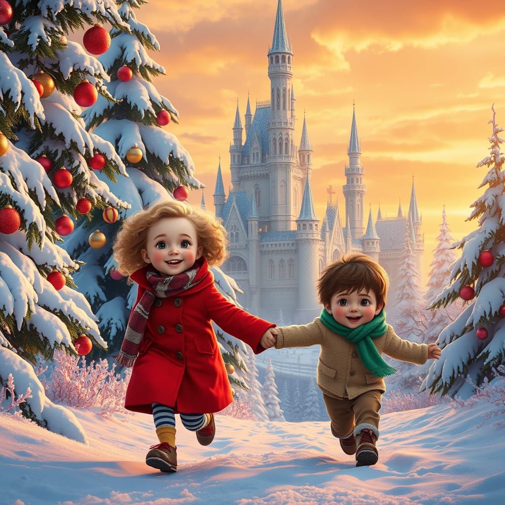Siblings' Joyful Christmas Wonderland Adventure in Vibrant D...
