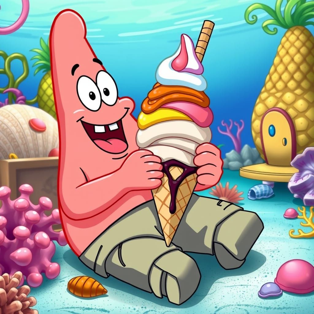Patrick Savoring Ice Cream in Bikini Bottom Cartoon Style