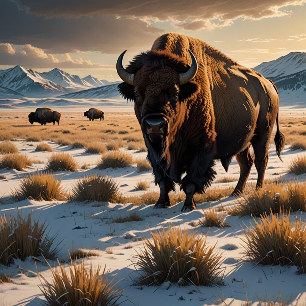 Majestic Bison Bull in Golden Hour Sunlight