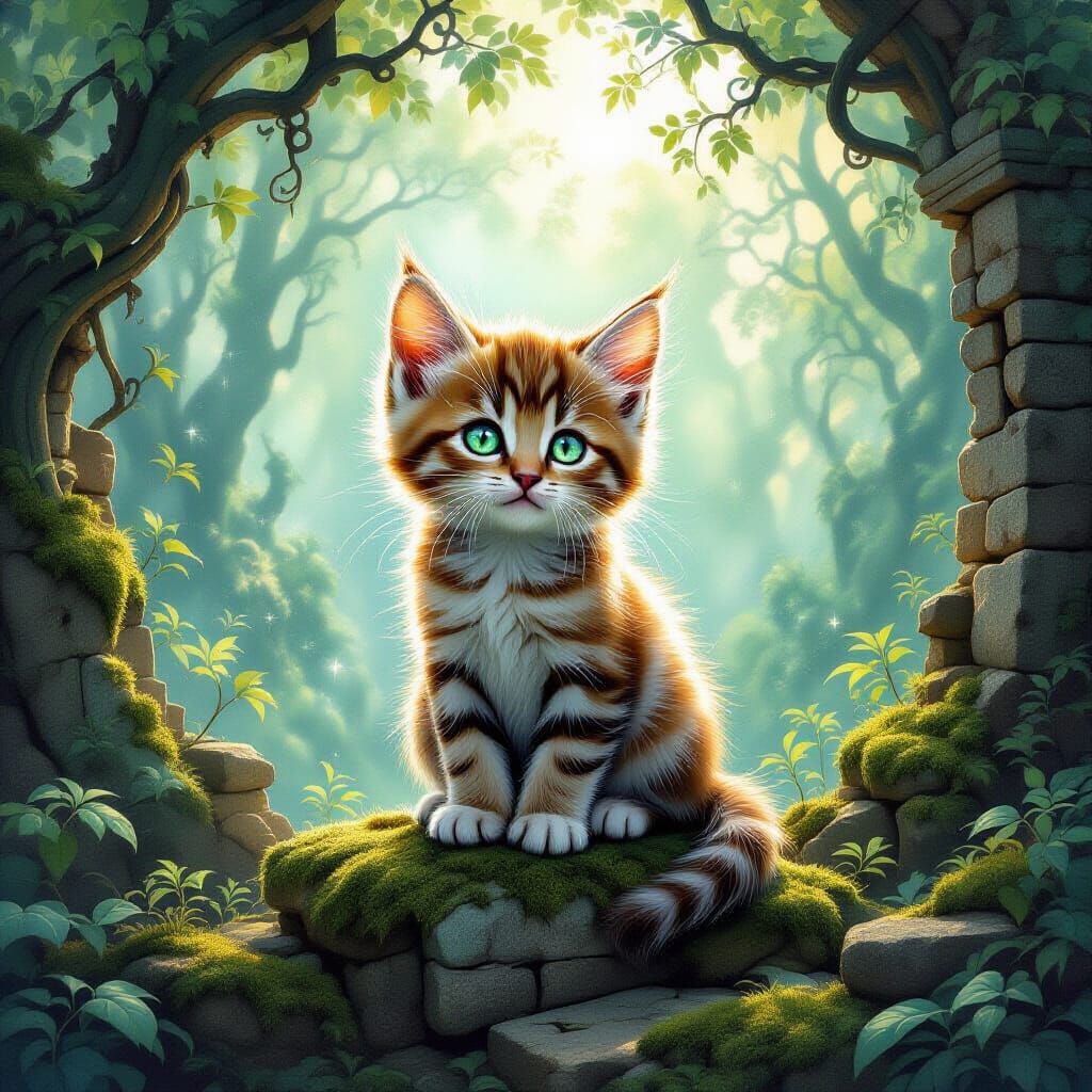 Lost Kitten on Ancient Ruins in Enchanted Forest