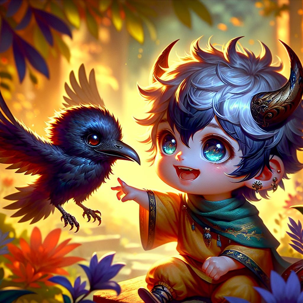 Adorable Demon Toddler and Mischievous Crow in Chibi Style