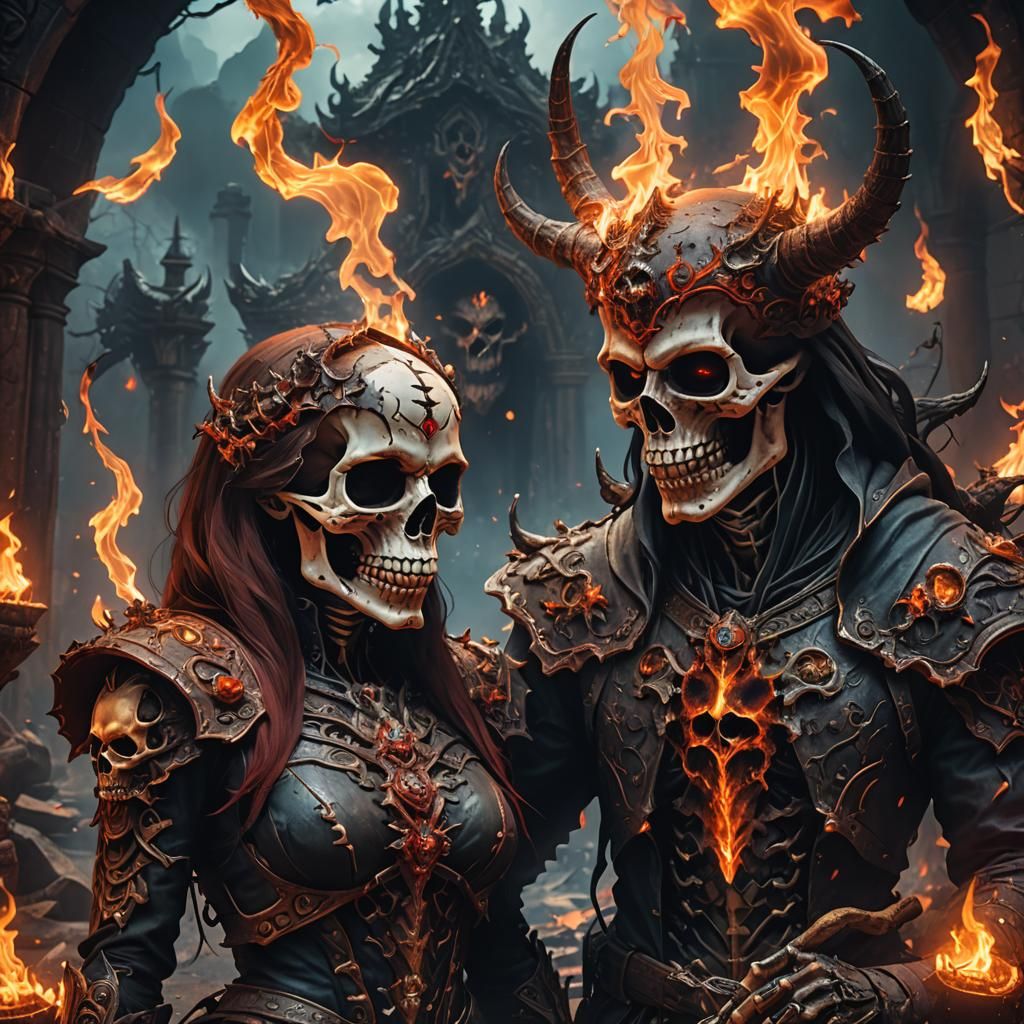 Burning Skull Couple in Fantasy Art Style
