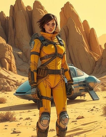 Futuristic Traveler in Desert, Cel-Shaded Comic Art