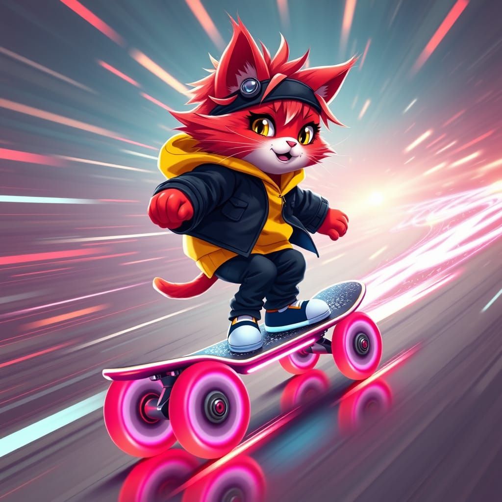 Adorable Feline Rider Speeds Towards Infinity