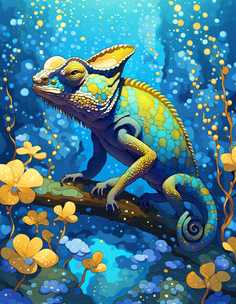 Chameleon in Cenote with Myosotis: Fantasy Illustration