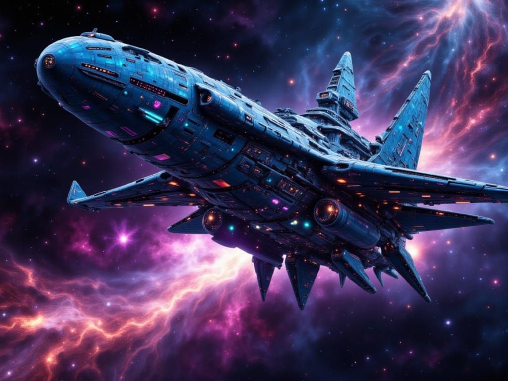 Giant Rocket Launching into Neon Deep Space