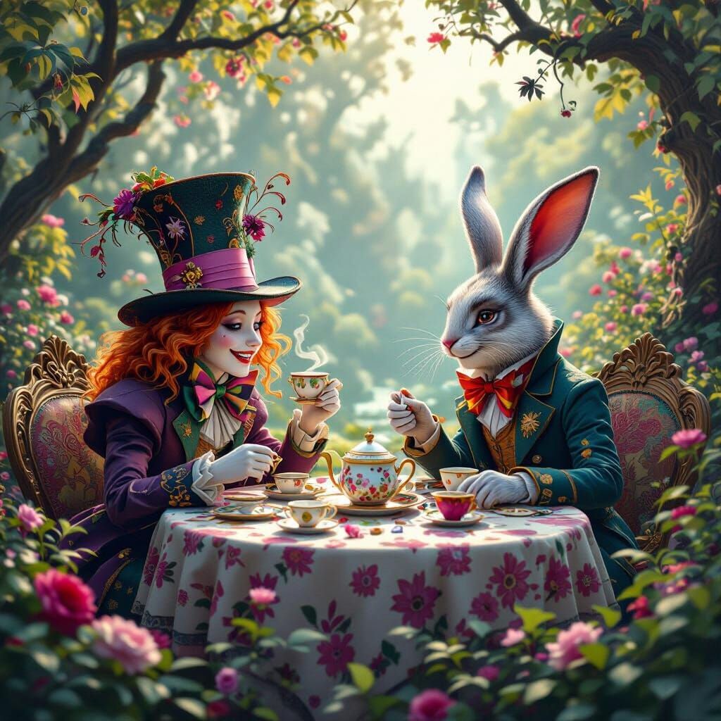 Alice's Whimsical Tea Party in a Fantastical Garden