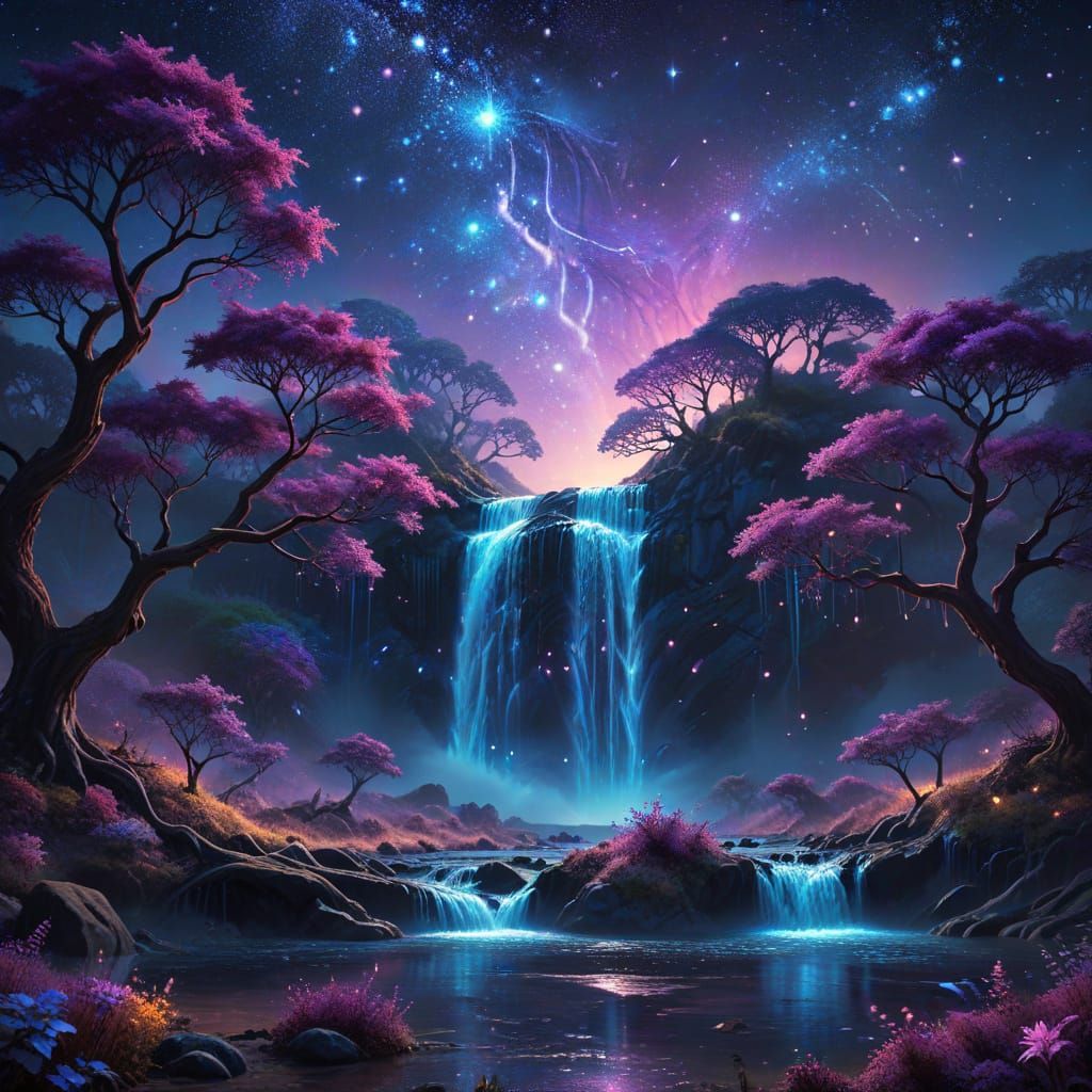 Cosmic Waterfall Flows into Luminescent Alien Trees