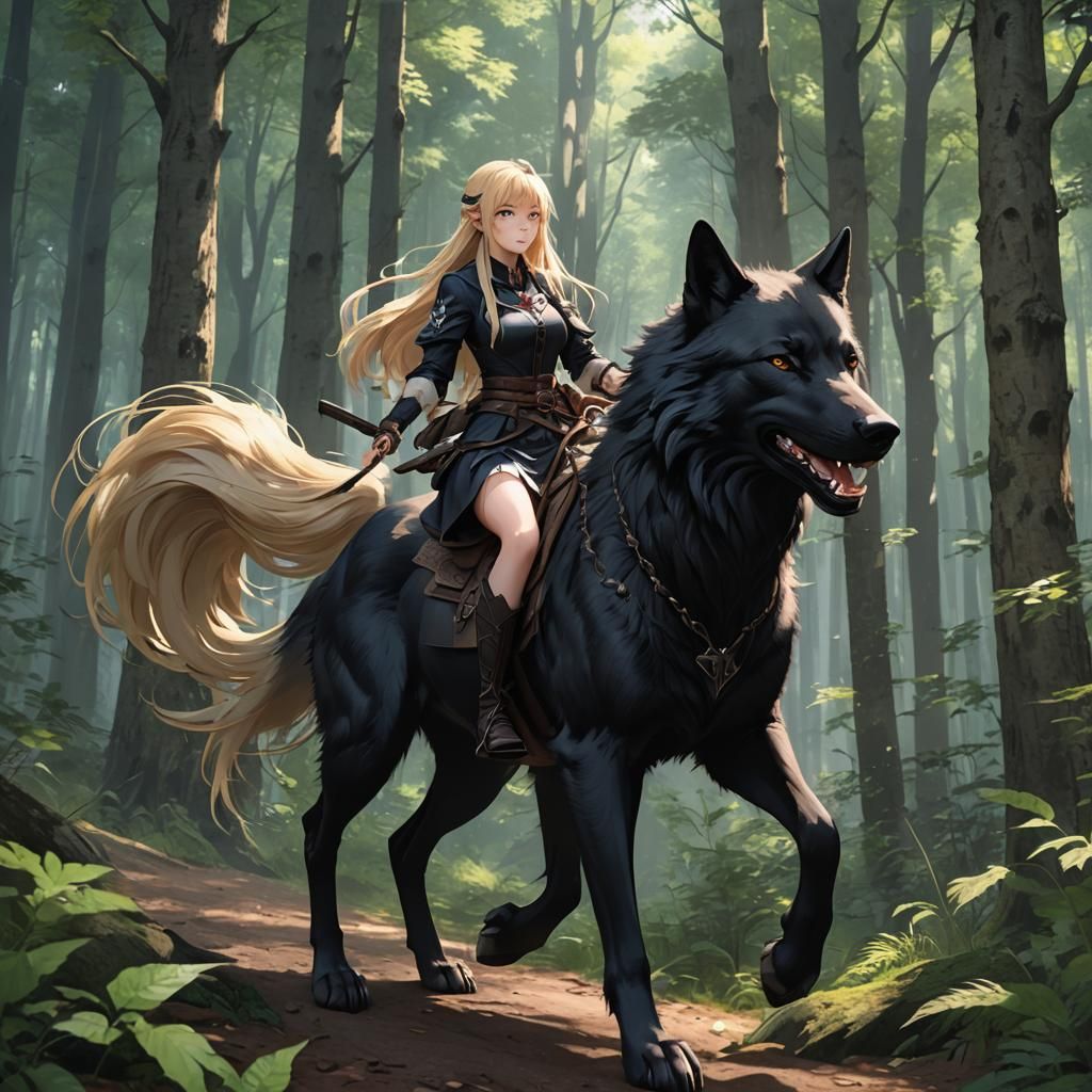 Anime Girl on Wolf in Forest: 3D Rendered Art