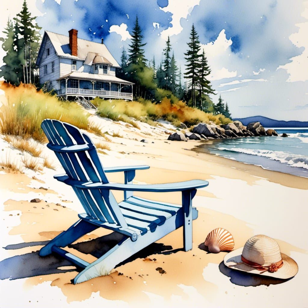Watercolor Cottage by the Beach with Redwoods