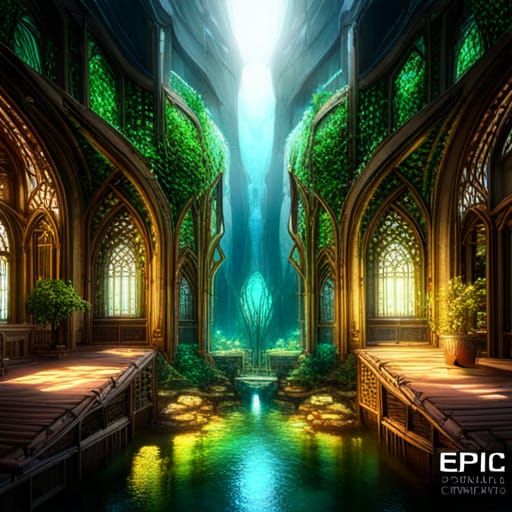 Dreamy Elven Atrium with Stained Glass in 8K