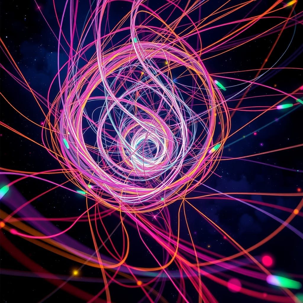 Iridescent Strings Vortex in Futuristic Landscape